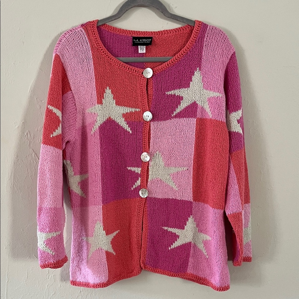Vintage Pink Cardigan 100% Cotton Novelty Print Stars Color Block